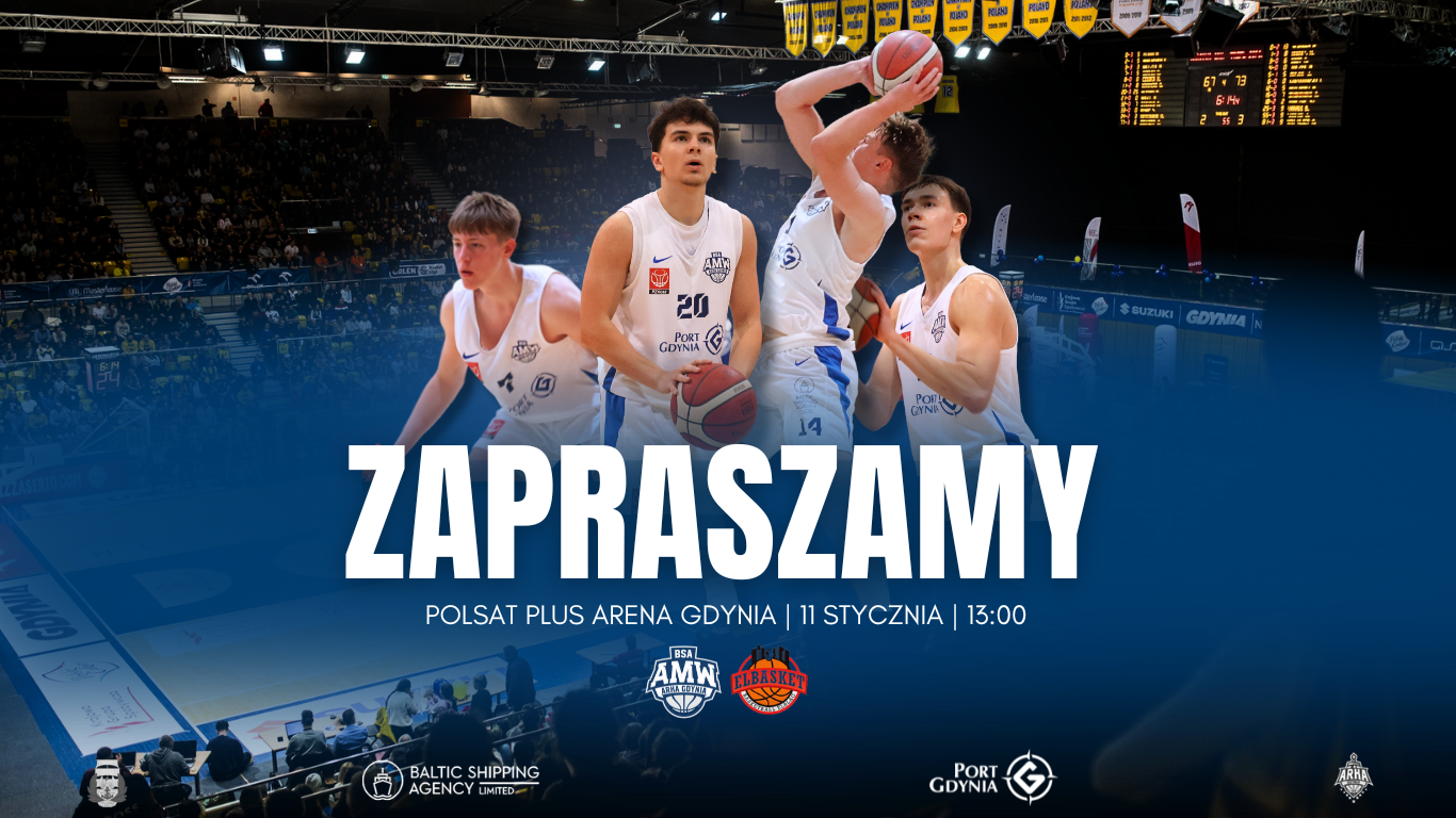 Plakat promujący mecz koszykówki, przedstawiający trzech zawodników w białych koszulkach z napisem „ZAPRASZAMY” oraz szczegółami wydarzenia.