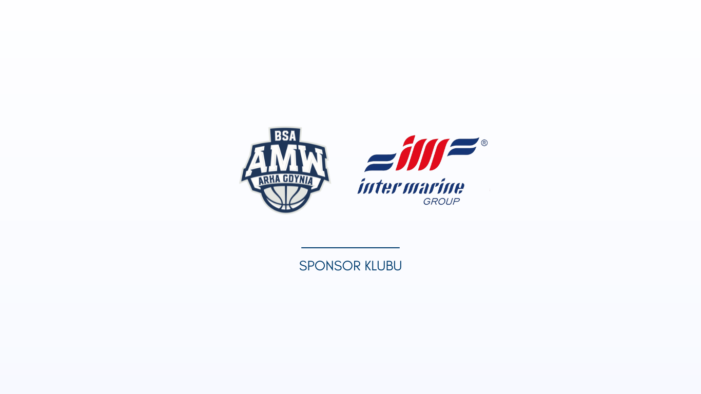Logotyp Akademii Koszykówki BSA AMW Arka Gdynia oraz Inter Marine Group na białym tle. Pod spodem napis: 'Sponsor Klubu